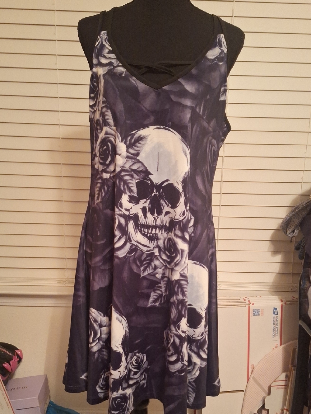 Source Unknown Black and White Skull Rose Swing Dress